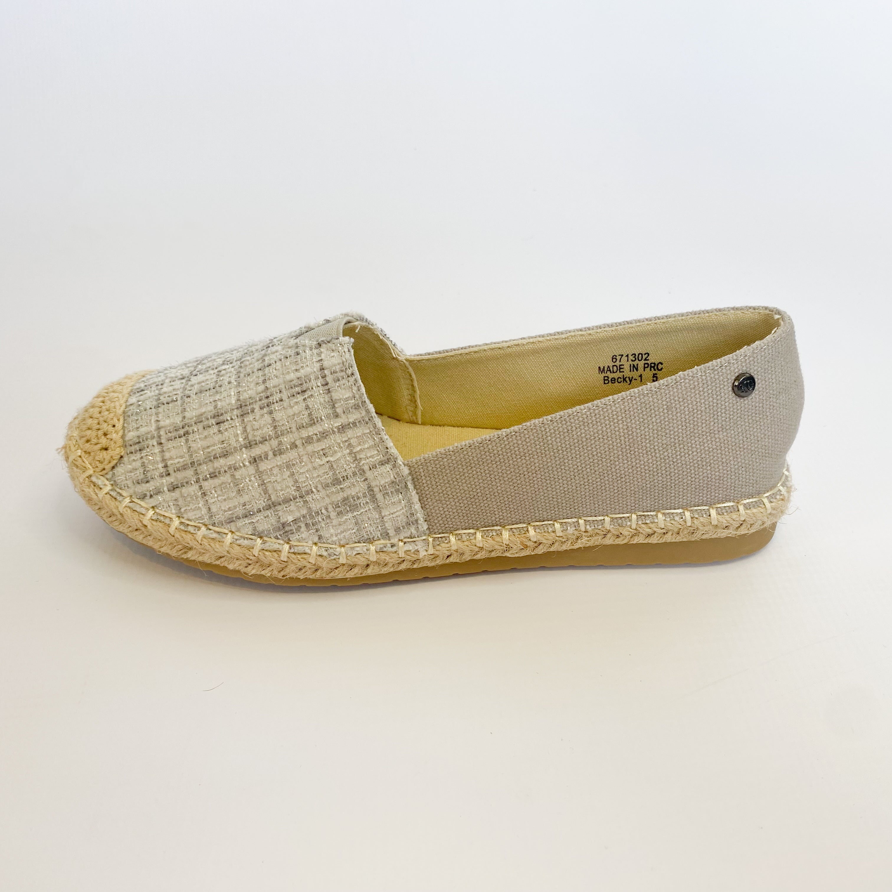 KG gray fabric slip-on espadrille.