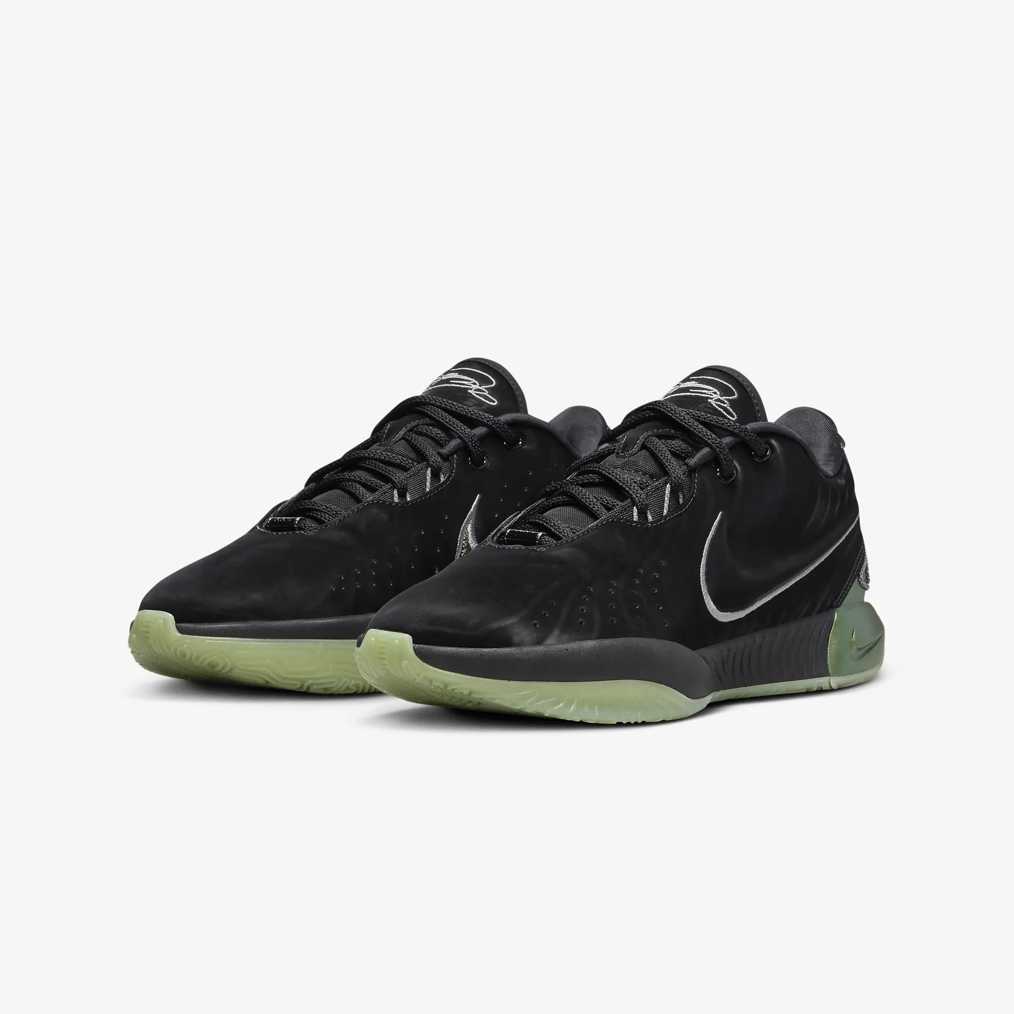 LEBRON 21 Tahitian EP sneakers in black, metallic pewter, iron grey, and oil green.