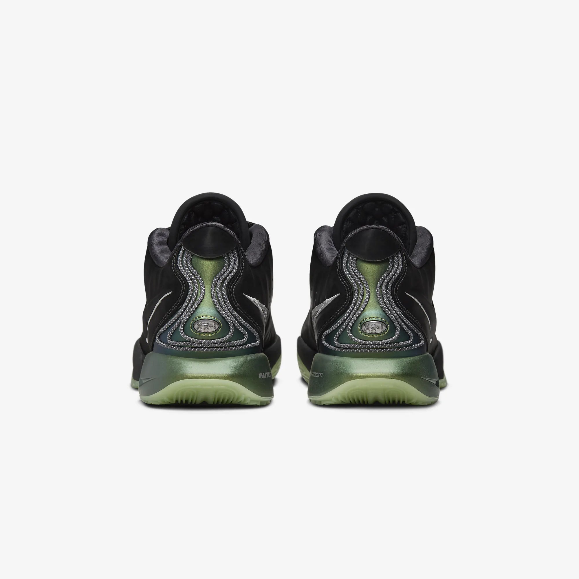 LEBRON 21 Tahitian EP sneakers in black, metallic pewter, iron grey, and oil green.