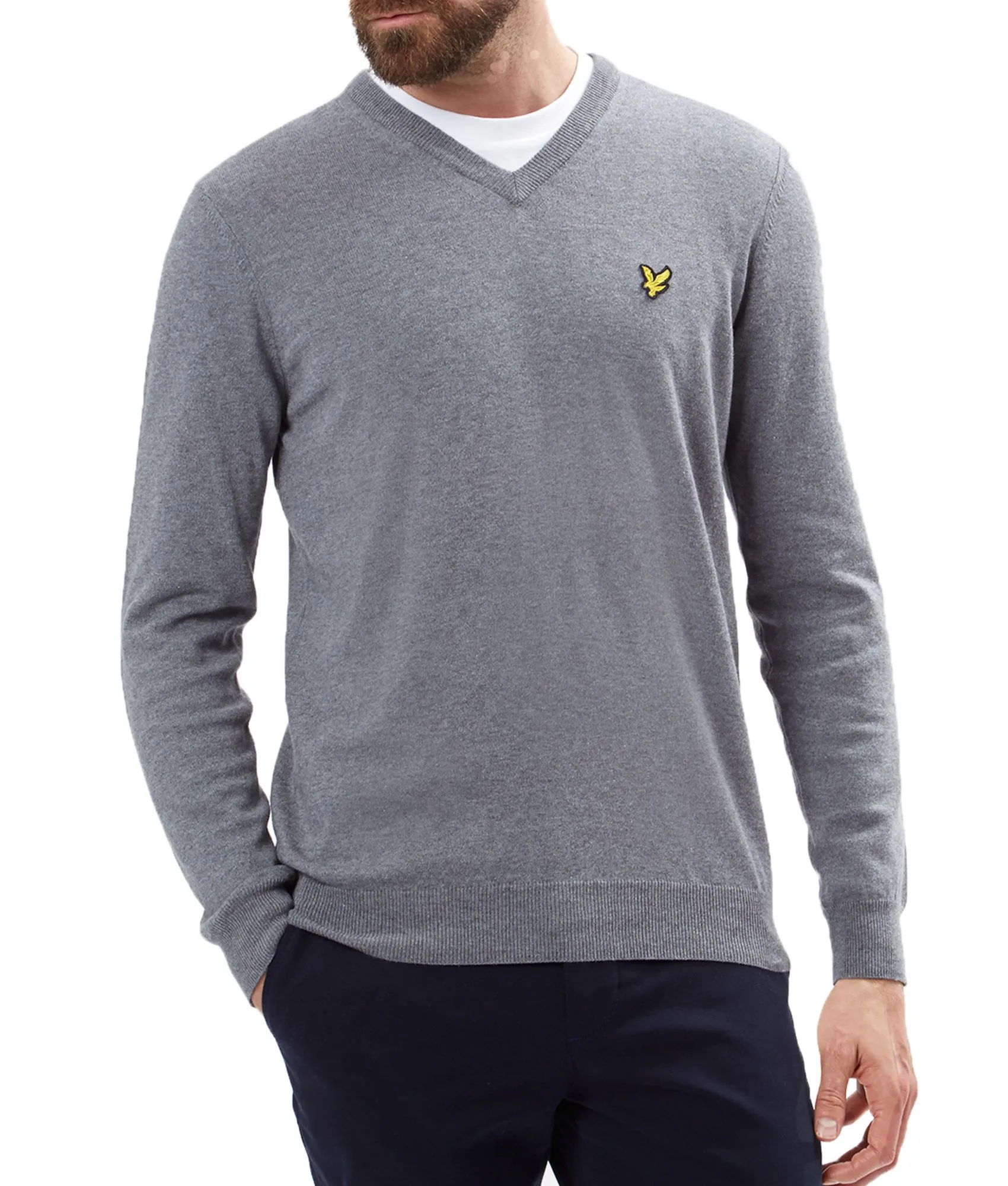 Lyle and Scott V-Neck Cotton Merino Wool Jumper in Mid Grey Marl