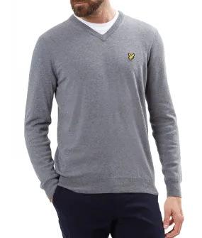 Lyle and Scott V-Neck Cotton Merino Wool Jumper in Mid Grey Marl