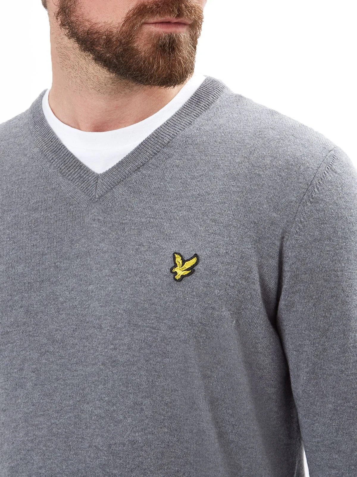 Lyle and Scott V-Neck Cotton Merino Wool Jumper in Mid Grey Marl