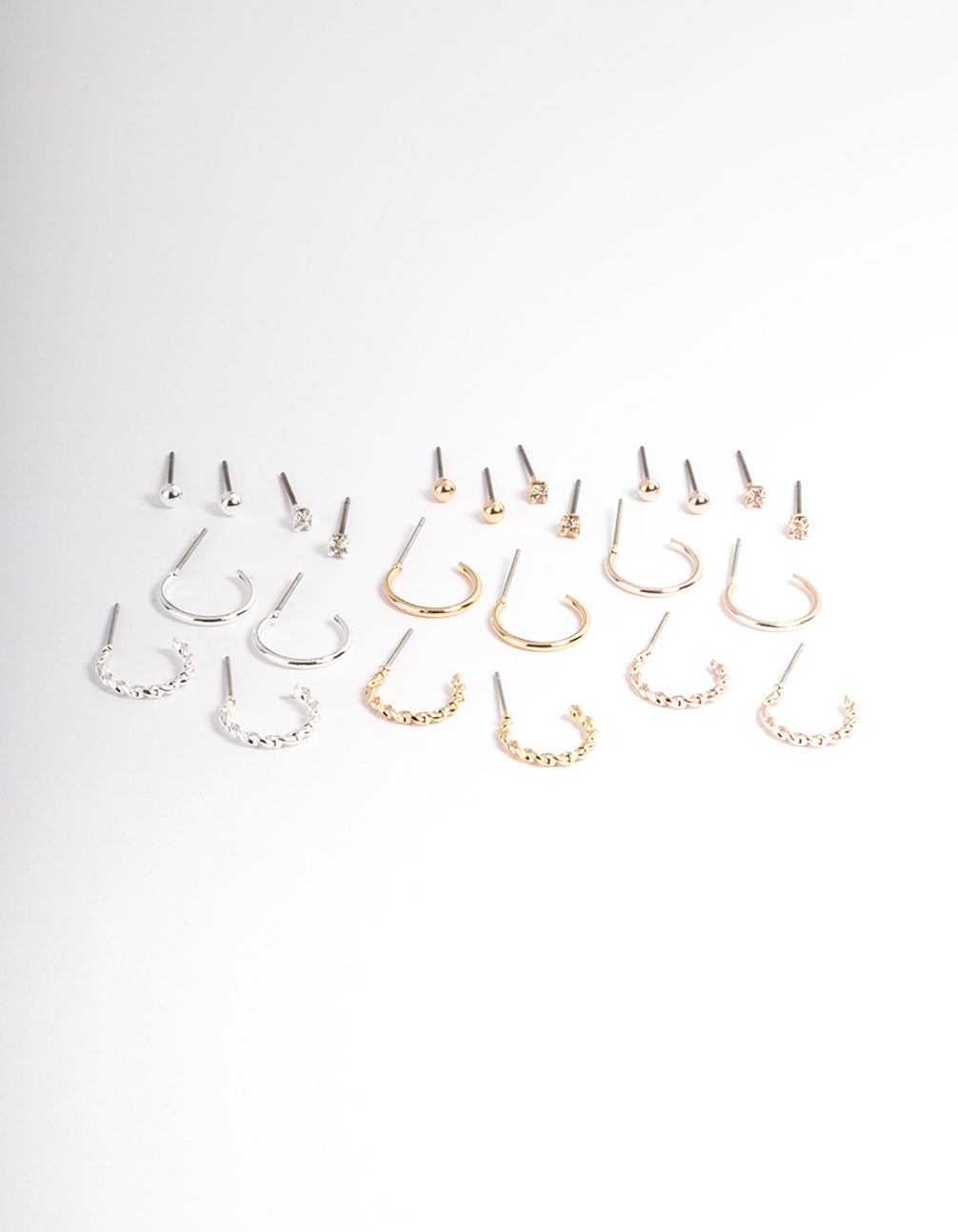 Mixed Metal Stud and Hoop Earring 12-Pack - Plain and Diamond