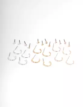 Mixed Metal Stud and Hoop Earring 12-Pack - Plain and Diamond