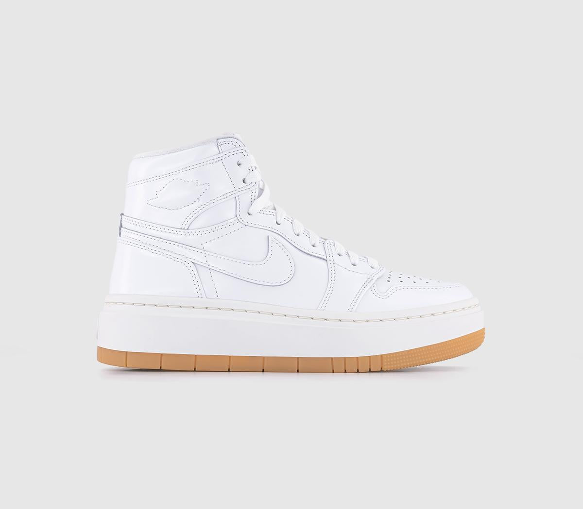 Nike Air Jordan 1 Elevate High Top Shoes in White, Sail, and Gum Light Brown.