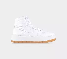 Nike Air Jordan 1 Elevate High Top Shoes in White, Sail, and Gum Light Brown.