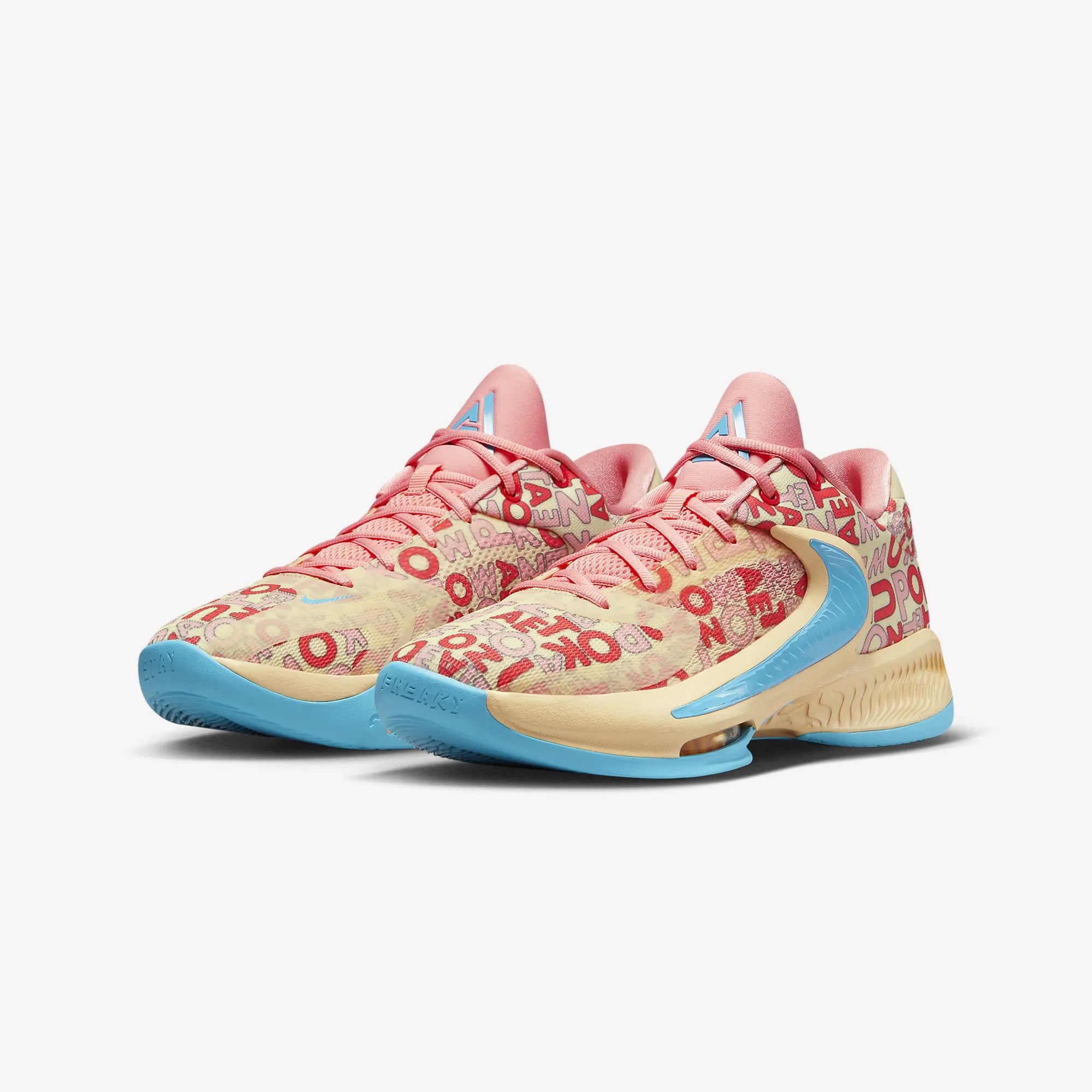 Nike ZOOM FREAK 4 sneakers in Pale Vanilla, Blue Lightning, and Coral Chalk.