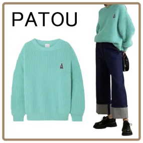 PATOU Casual Style Wool U-Neck Long Sleeves Plain Cotton Logo