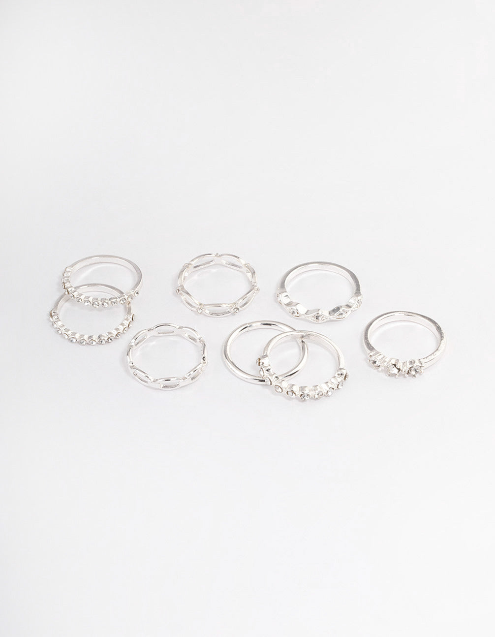 Silver Diamante Row Assorted Rings - Pack of 8