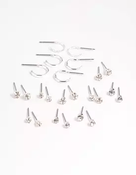 Silver Diamante Stud Hoop Earring Bundle Pack