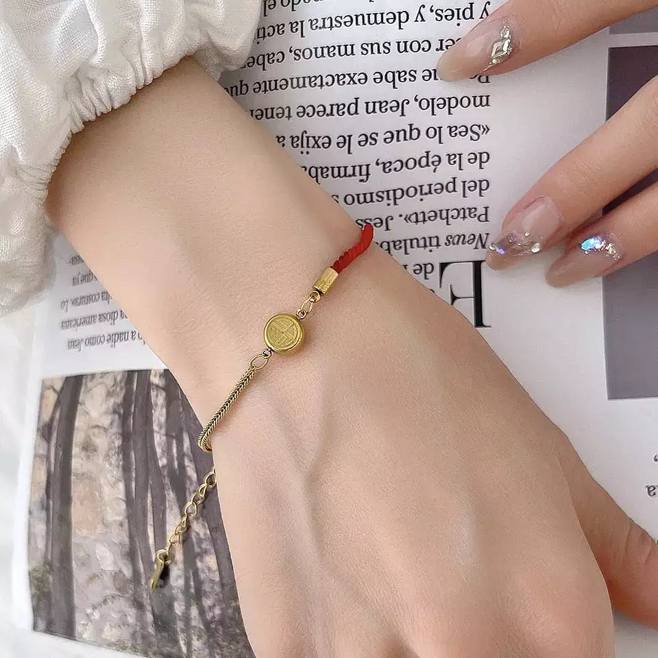 Stainless Steel Red Rope Bracelet for Women and Girls - Gold, Chinese Style