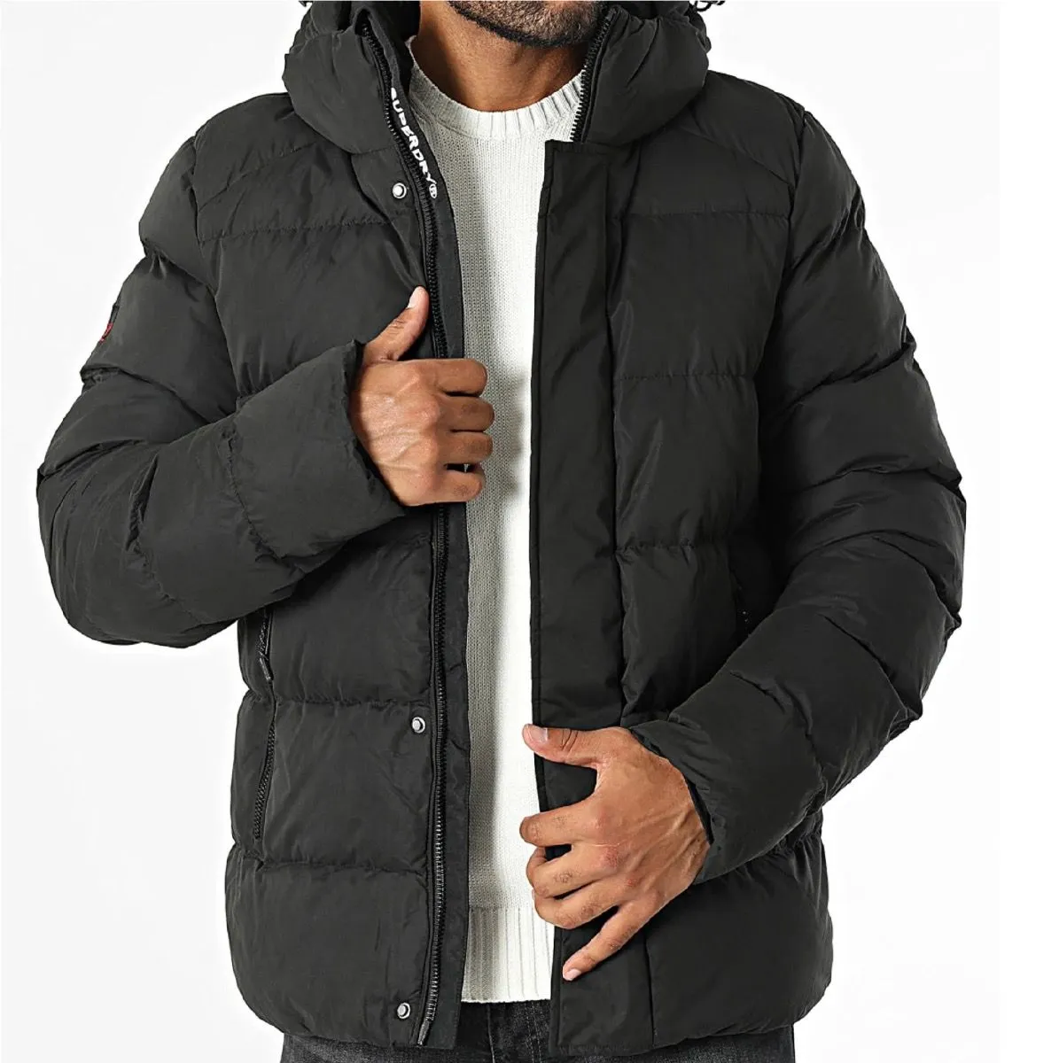 Superdry Black Hooded Microfibre Sports Puffer Jacket