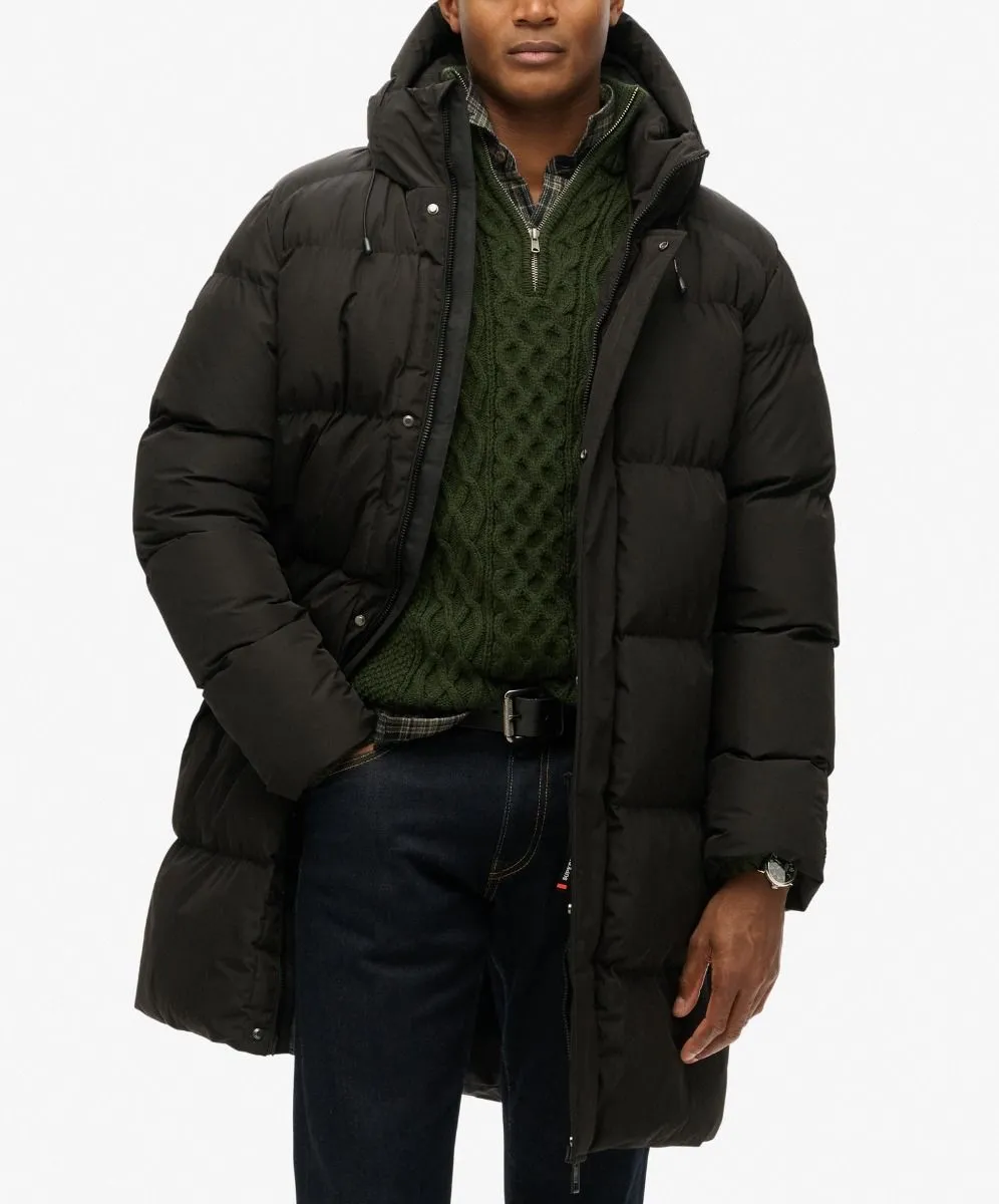 Black Superdry Hooded Sports Puffer Mid Length Jacket