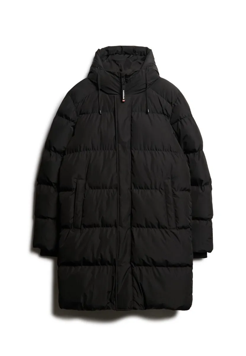 Black Superdry Hooded Sports Puffer Mid Length Jacket