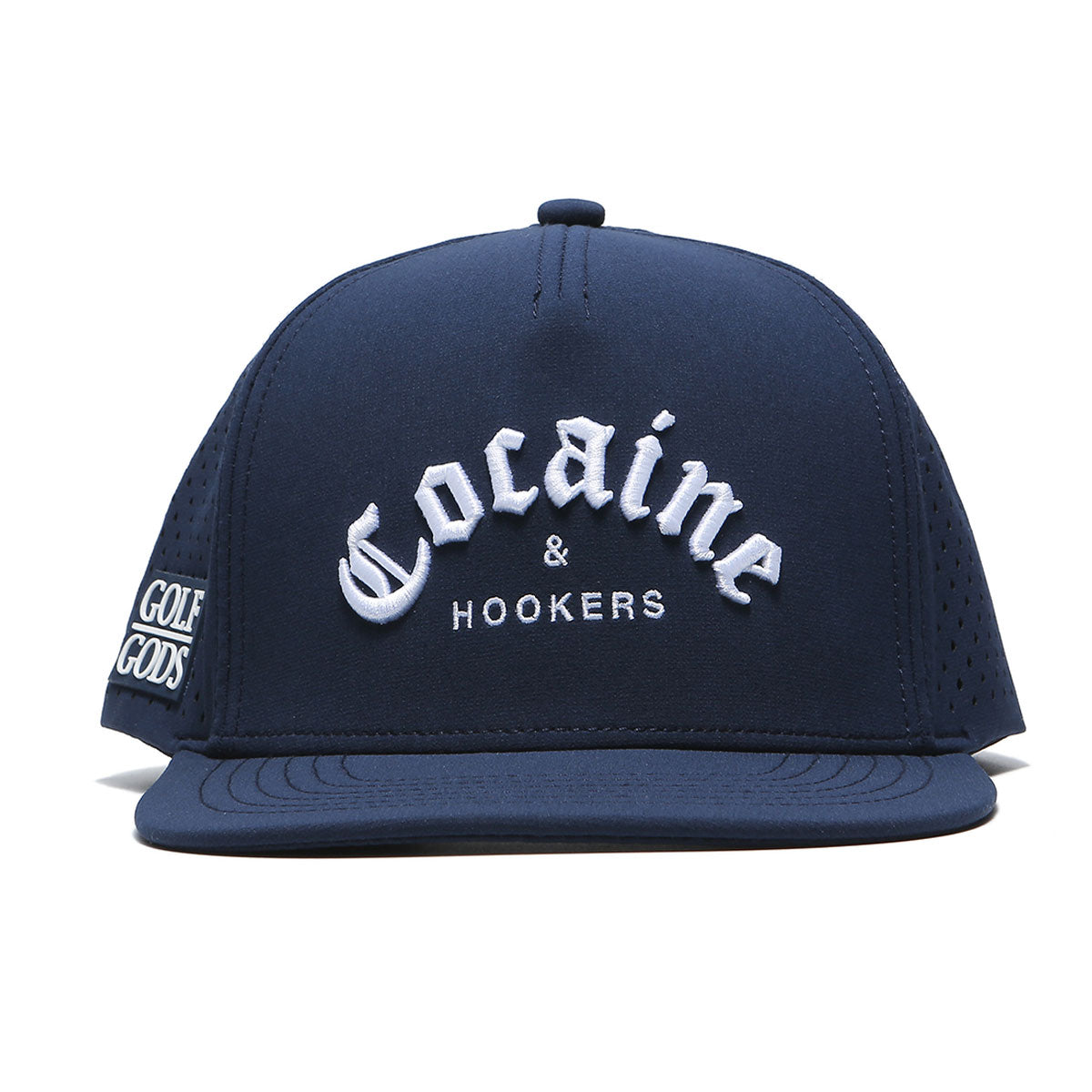 TOUR PRO Golf Hat in Navy Blue with Flat Brim - Cocaine & Hookers design