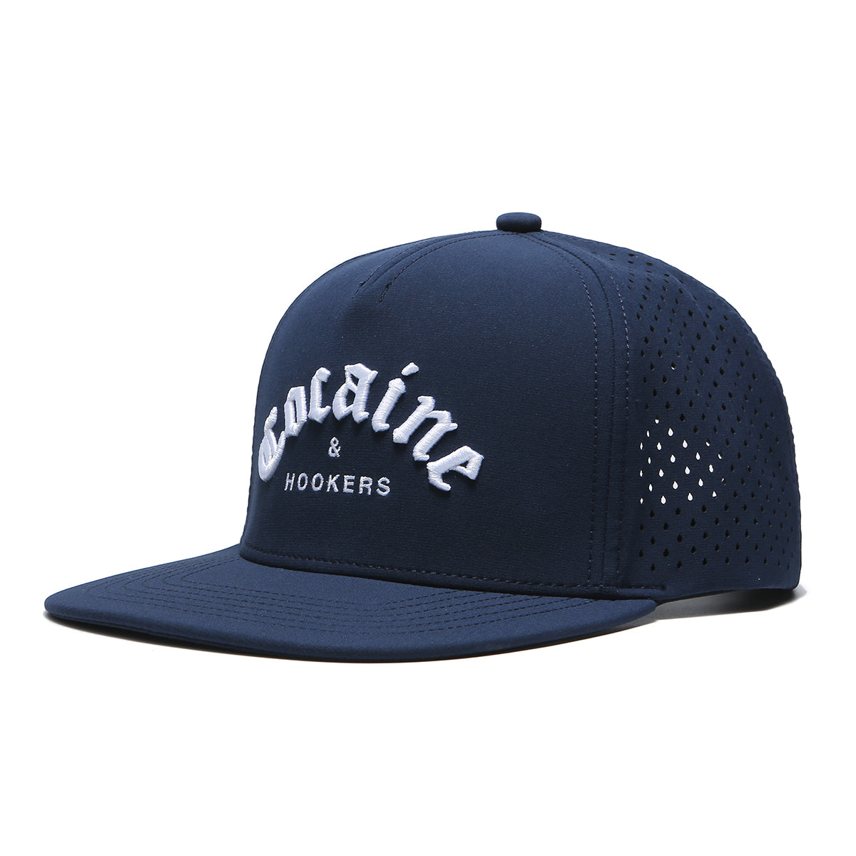 TOUR PRO Golf Hat in Navy Blue with Flat Brim - Cocaine & Hookers design