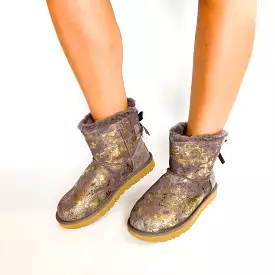 UGG gray mini Bailey bow gold wash boot.