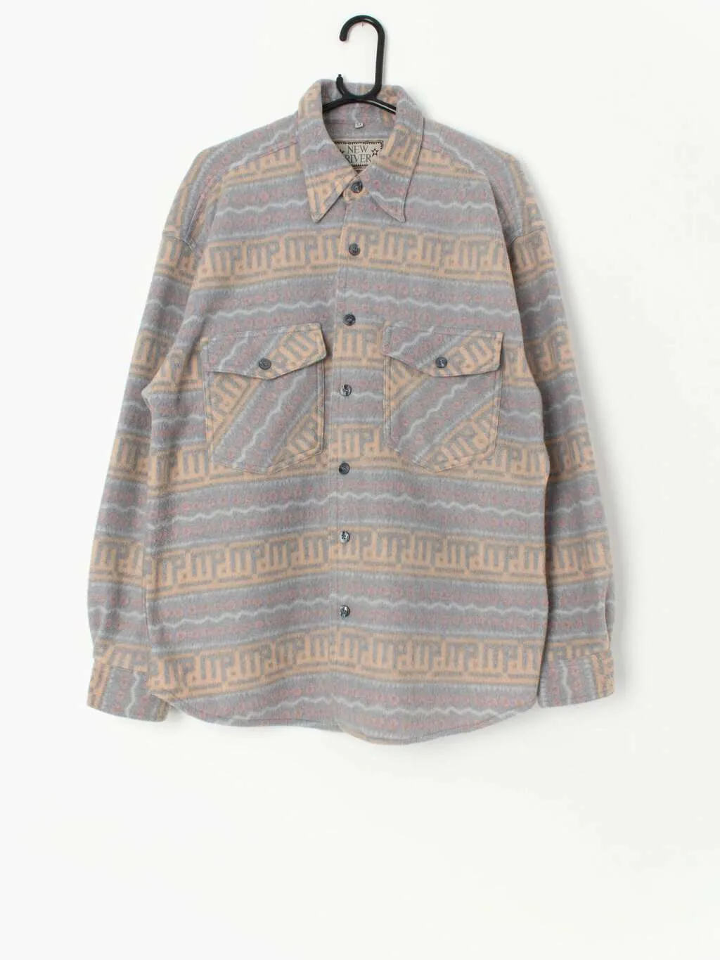 Vintage Aztec Fleece Shirt Grey Pastel Yellow Pink Medium