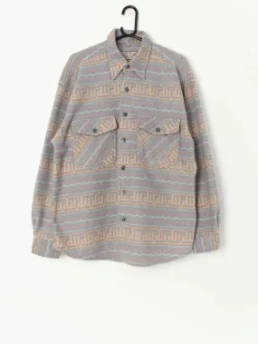 Vintage Aztec Fleece Shirt Grey Pastel Yellow Pink Medium