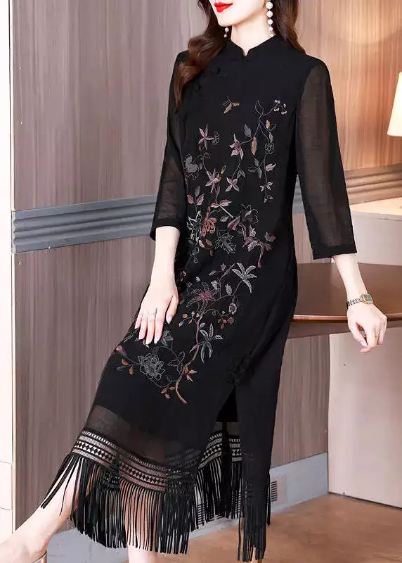 Vintage Black Silk Dresses with Tasseled Embroidery and Bracelet Sleeve - HA1035.