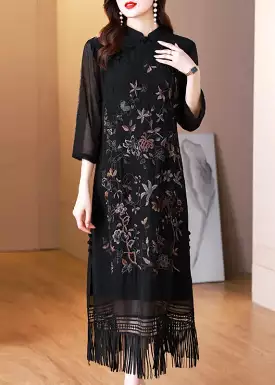 Vintage Black Silk Dresses with Tasseled Embroidery and Bracelet Sleeve - HA1035.