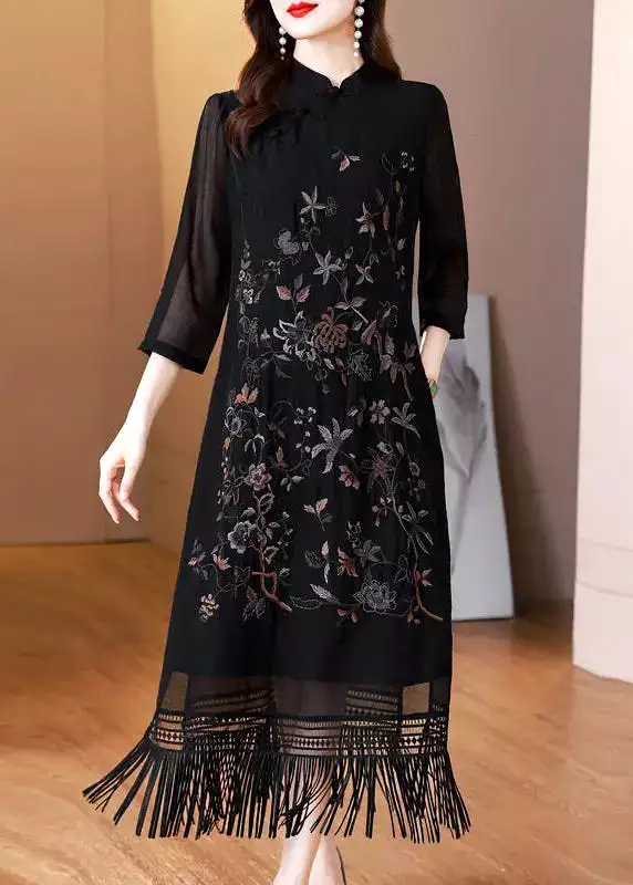 Vintage Black Silk Dresses with Tasseled Embroidery and Bracelet Sleeve - HA1035.