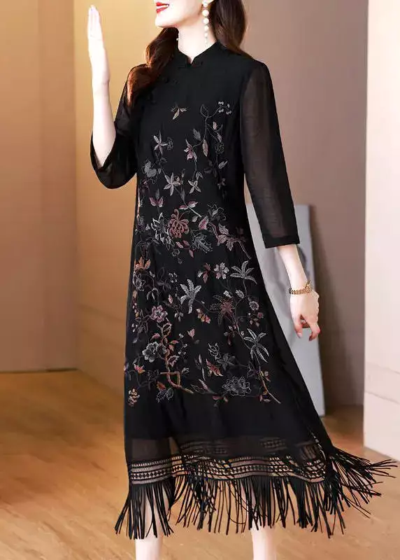 Vintage Black Silk Dresses with Tasseled Embroidery and Bracelet Sleeve - HA1035.