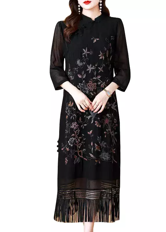 Vintage Black Silk Dresses with Tasseled Embroidery and Bracelet Sleeve - HA1035.