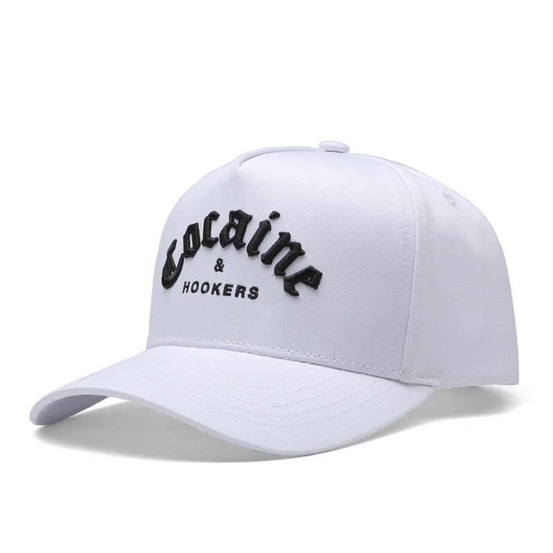 White Golf Hat with Curved Brim - Cocaine and Hookers Design