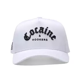 White Golf Hat with Curved Brim - Cocaine and Hookers Design