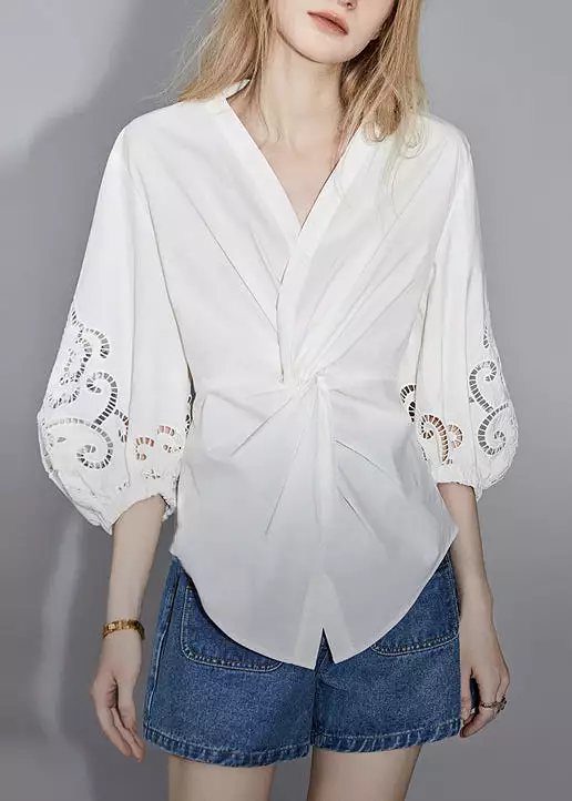 White V Neck Hollow Out Cotton Blouses with Bracelet Sleeves (AB1058)