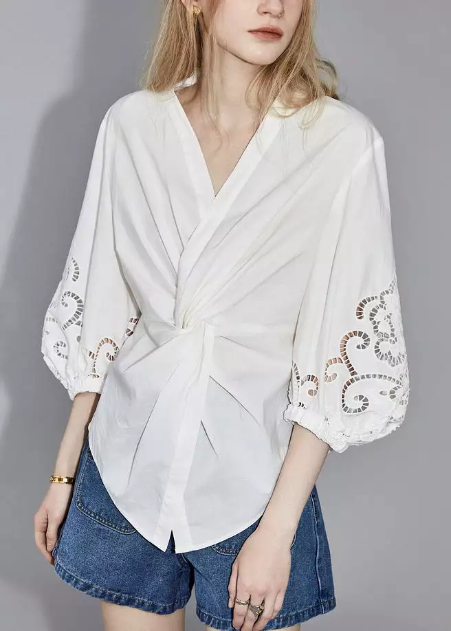 White V Neck Hollow Out Cotton Blouses with Bracelet Sleeves (AB1058)