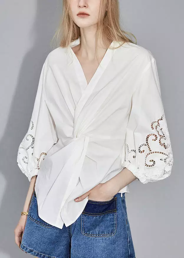 White V Neck Hollow Out Cotton Blouses with Bracelet Sleeves (AB1058)