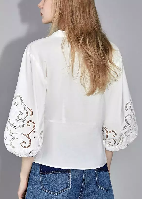 White V Neck Hollow Out Cotton Blouses with Bracelet Sleeves (AB1058)