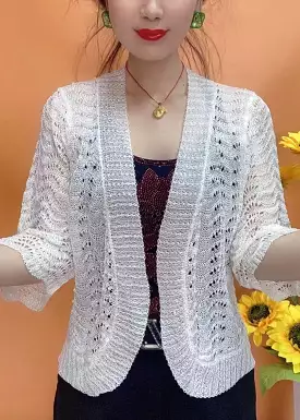 White V Neck Knit Cardigan AS1033 Hollow Out Bracelet Sleeve