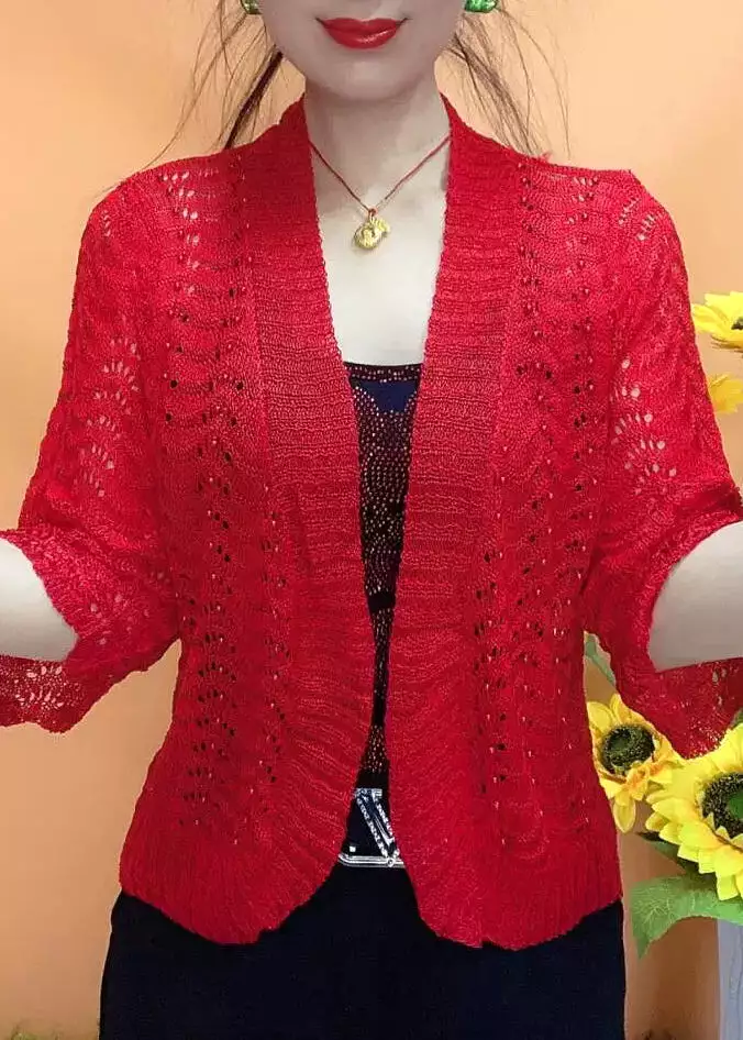 White V Neck Knit Cardigan AS1033 Hollow Out Bracelet Sleeve