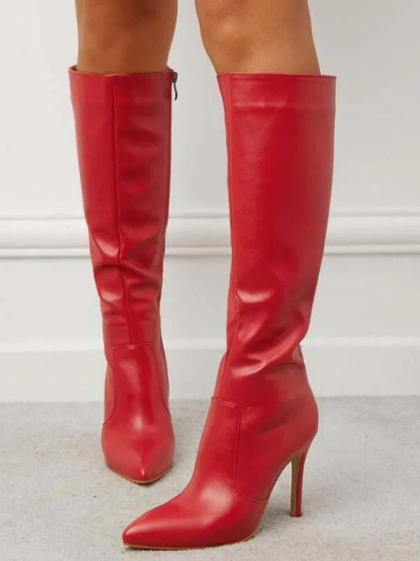 Red Knee High Stiletto Heel Pointed Toe Women's Boots