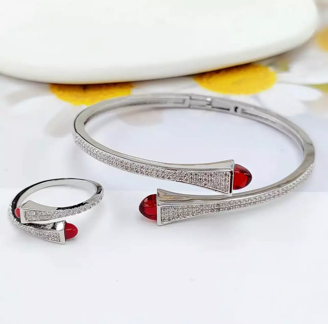 Women Fashion Bracelet & Ring Set Candy color stone Open Cuff Bangle