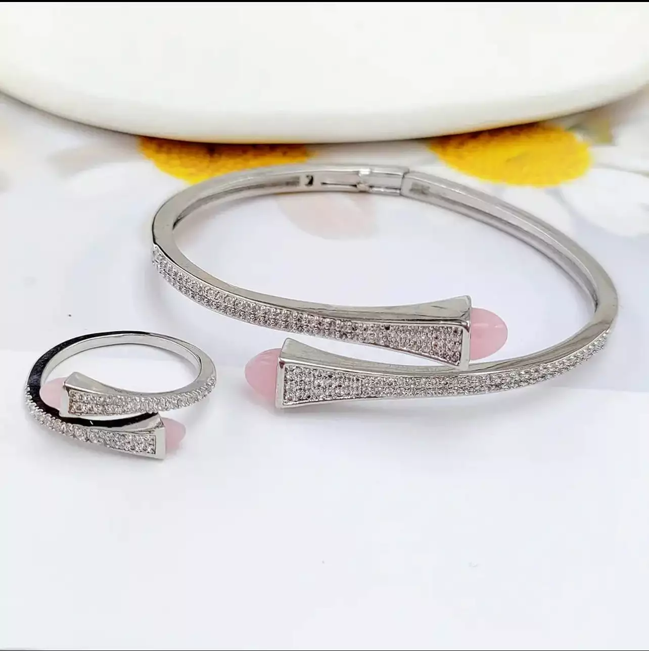 Women Fashion Bracelet & Ring Set Candy color stone Open Cuff Bangle