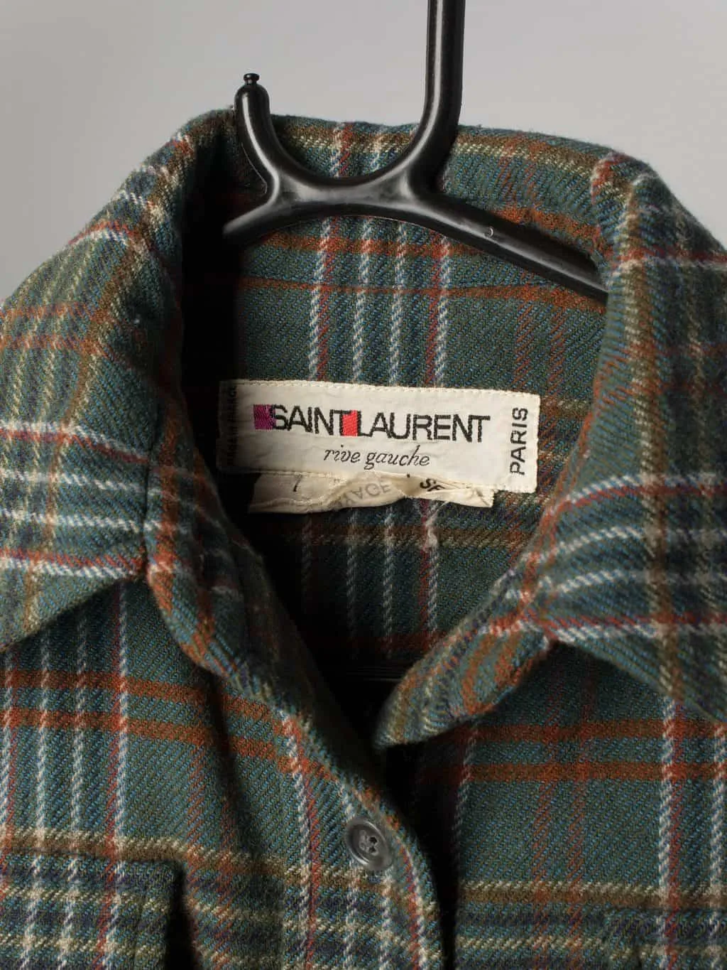 Womens Vintage Saint Laurent Plaid Flannel Shirt Pure Wool Made France 1970s XS Small